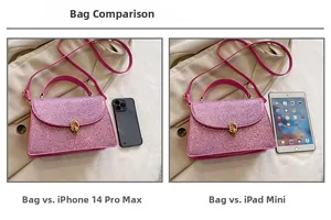 Pink glitter handbag size comparison with smartphone and tablet on beige background