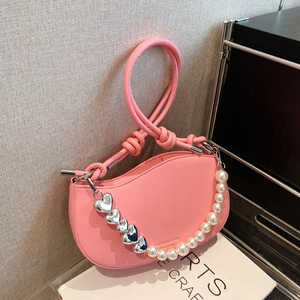 Women PU Leather Half Moon Hobo Bag Decorative Artificial Pearl Chain Heart Pendant Knot Strap Sweet Fashion Shoulder Handbag