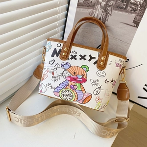 Damen Mode Graffiti Cartoon Bär Handtasche PU Leder Breiter Gurt Umhängetasche Eimertasche Casual Street Style Tote Bag