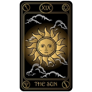 XIX The Sun tarot card tapestry with gold sun face and mystic black background
