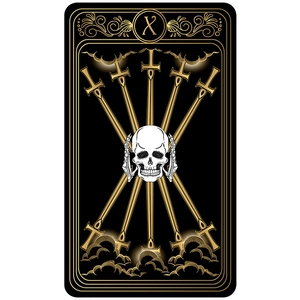 Detail of Ten of Swords tarot tapestry featuring a skull and gold swords on black background
