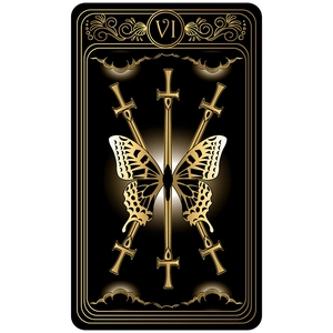 Detail showing gold tarot sword and butterfly art on a black tapestry background