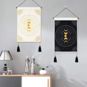Moon Phase Wall Tapestry Celestial Zodiac Hanging Painting With Tassels And Wooden Pole Nordic Bohemian Home Decor