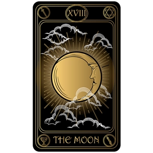 The Moon tarot card wall tapestry in black and gold celestial constellation design