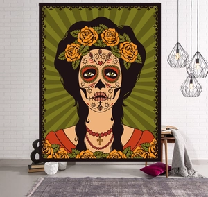 Artistic Skull Girl tapestry with Mexican Day of the Dead theme and yellow rose crown