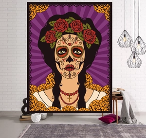Sugar skull girl wall tapestry with red roses and purple sunburst for home decor