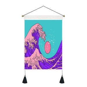 Tapiz Gran Ola estilo vaporwave rosa con sol rojo, decoración de pared artística moderna