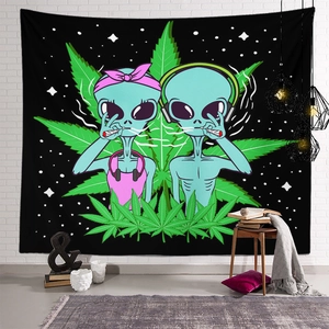 Detailed close-up of psychedelic alien tapestry featuring vibrant neon green leaf patterns