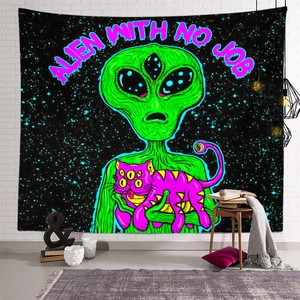 Alien With No Job psychedelic wall tapestry with green alien and purple cat for home decor