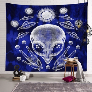 Deep blue psychedelic alien tapestry with UFO and planets for creative home wall decor
