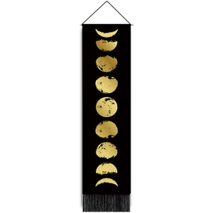Modern moon phases wall tapestry with gold print, wooden bar and bottom tassels
