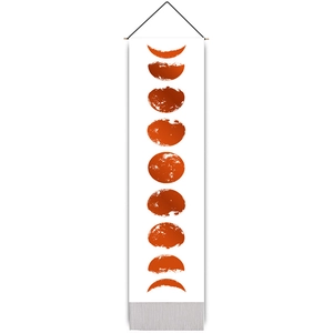 Vertical wall tapestry with terracotta moon phases, black cord, and grey hanging tassels