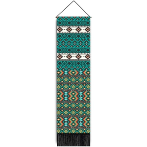 Bohemian woven tapestry with geometric ethnic patterns and black tassels for wall decor