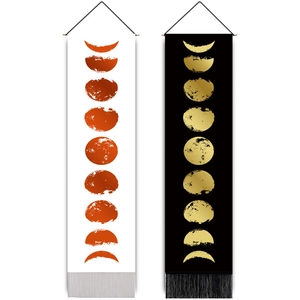 Minimalist moon phase floral tapestry set with tassels in black and white styles