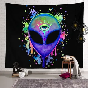 Psychedelic alien tapestry with colorful fluid art for home decor on white brick wall