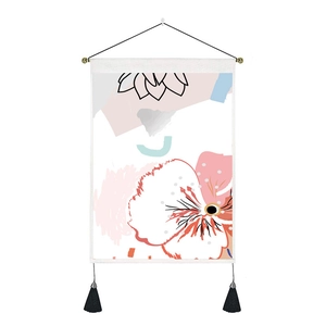 Artistic floral tapestry with wooden hanger, tassels, and abstract pastel botanical patterns