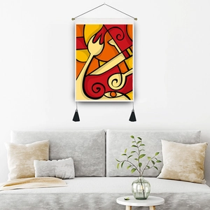 Nordic abstract kitchen tapestry with red and yellow cutlery art for living room decor
