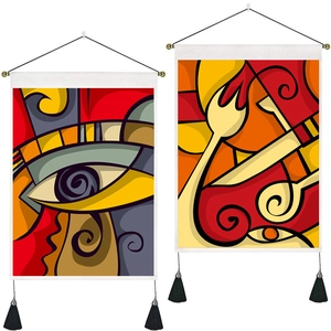 Nordic abstract art tapestry set with colorful geometric patterns and black tassels
