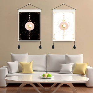 Tapisserie Murale Motif Mystique Lune Soleil Nordique Tissu Polyester Coton Art Suspendu Avec Glands Et Poteau En Bois Pour Décor De Salon Chambre