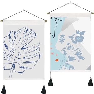 Minimalist cotton linen wall hanging tapestries with blue leaf and abstract floral art