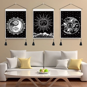 Tapisserie Murale Soleil Et Lune Polyester Coton Avec Gland Et Tige Mystique Bohème Salon Chambre Décoration Maison
