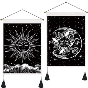 Lot de tentures murales nordiques soleil et lune avec pompons noirs pour décoration salon