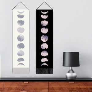 Moon Phase Cycle Tapestry Wall Hanging Polyester Cotton Fabric Nordic Vertical Banner With Tassels And Wood Rod Decorative
