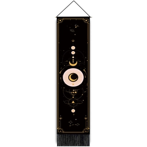 Bohemian moon phase hanging tapestry with mystical gold astrology patterns and black tassels
