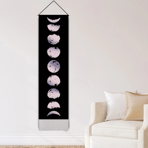 Vertical wall hanging tapestry featuring nine phases of the moon with bottom tassels