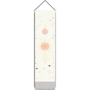 Detailed boho moon phase tapestry featuring celestial line art with wooden hanging rod