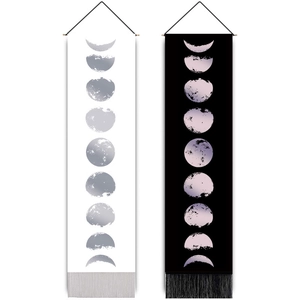 Vertical lunar cycle phases tapestry with hanging rod and fringe for Nordic wall decor