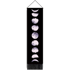Vertical moon phase wall tapestry with purple-white lunar cycle and black fringe