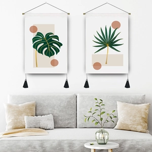 Minimalist Nordic wall tapestries with green palm leaves and black tassels for home decor