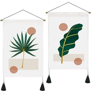 Set of 2 Nordic minimalist tapestries featuring tropical leaves and geometric patterns