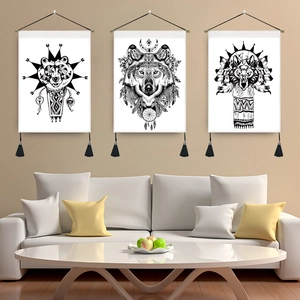 Bohemian Animal Wall Tapestry Cotton Polyester Hanging Art With Tassels Wood Rod Tribal Wolf Bear Owl Print Decor