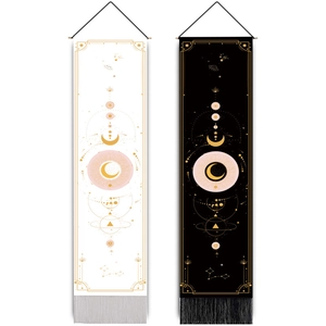 Bohemian moon phase wall hanging tapestry with celestial sun and moon designs in black and white