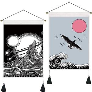 Japanese wave art tapestry set with black white mountain and colorful ocean sun designs
