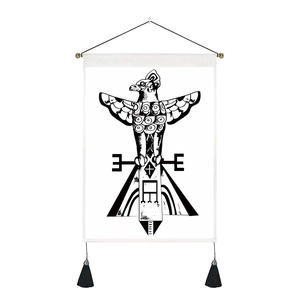 Bohemian totem bird wall tapestry with black tassels and hanging rod on white background