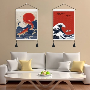 Japanese Ukiyo-e Wall Hanging Tapestry Polyester Cotton Fabric Koi Fish Wave Pattern Decorative Scroll With Rod Tassel