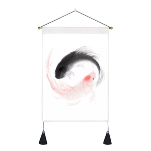 Japanese koi carp hanging scroll tapestry with yin yang ink style and black tassels