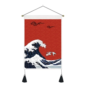 Japanese Koi carp and Ukiyo-e ocean wave decorative wall tapestry with black tassels