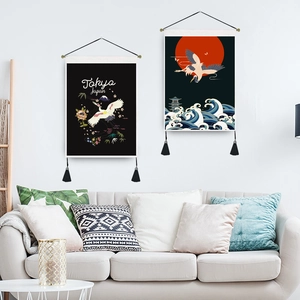 Japanese style wall tapestries with Mount Fuji and crane designs for home decor