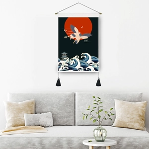Japanese wall tapestry with ukiyo-e crane and wave design for home living room decor