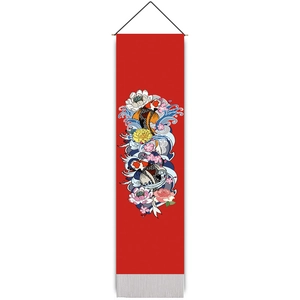 Detailed view of Japanese koi fish wall scroll with lotus flowers and white tassels