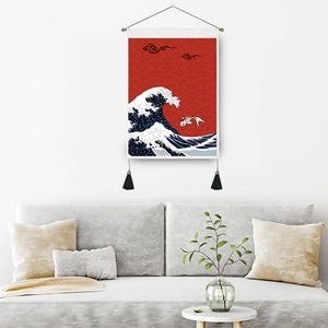 Japanese koi fish tapestry wall hanging with ocean waves and red sun in a modern living room