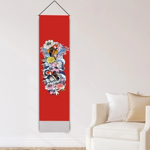 Japanese style koi fish wall scroll with lotus flowers and red background for home decor