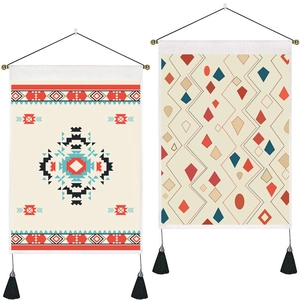 Bohemian wall tapestry with diamond geometric patterns and black decorative tassels