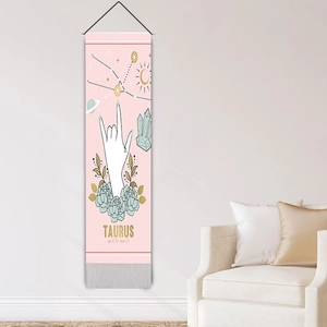 Pink Taurus tarot wall tapestry with wooden frame, tassels and astrological crystal art