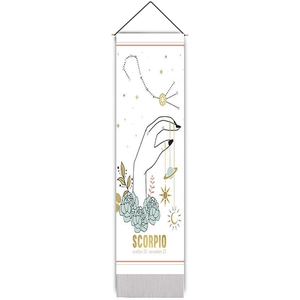 Scorpio tarot wall hanging with tassel, wooden rod and constellation line art