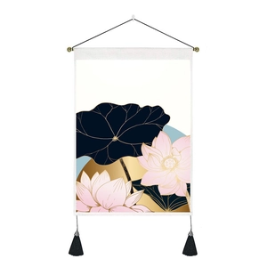 Modern minimalist lotus leaf wall art with pink flowers and hanging black tassels